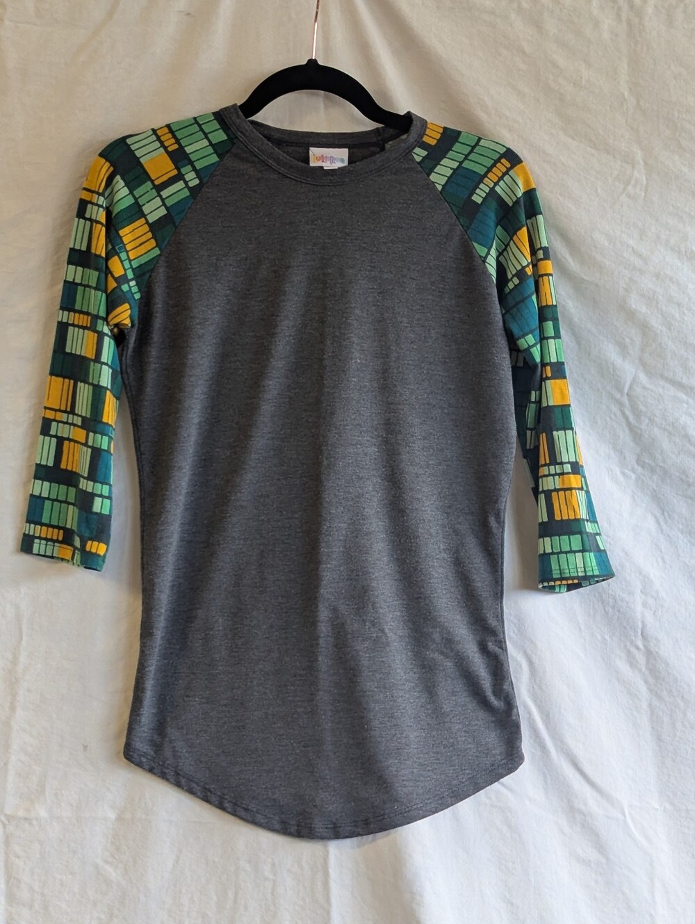 LulaRoe Charcoal Raglan Tee with Green & Yellow Patterned Sleeves